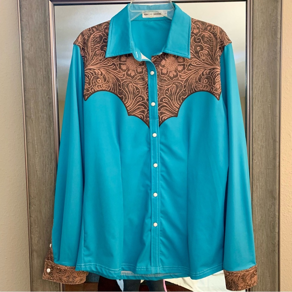Ranch Dress’n Turquoise / Tooled Leather Western-Inspired Pearl Snap Rodeo Shirt
